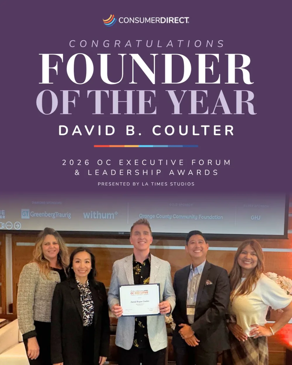 ConsumerDirect CEO accepting the Founder of the Year award